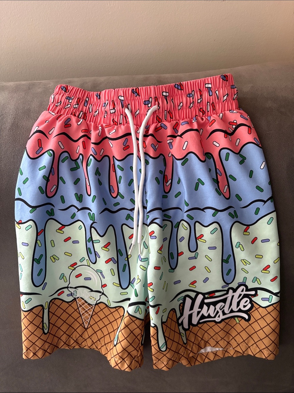Hustle Kids' Ice Cream Drip Print Elastic-Waist Shorts - Pink, Blue & Cream size